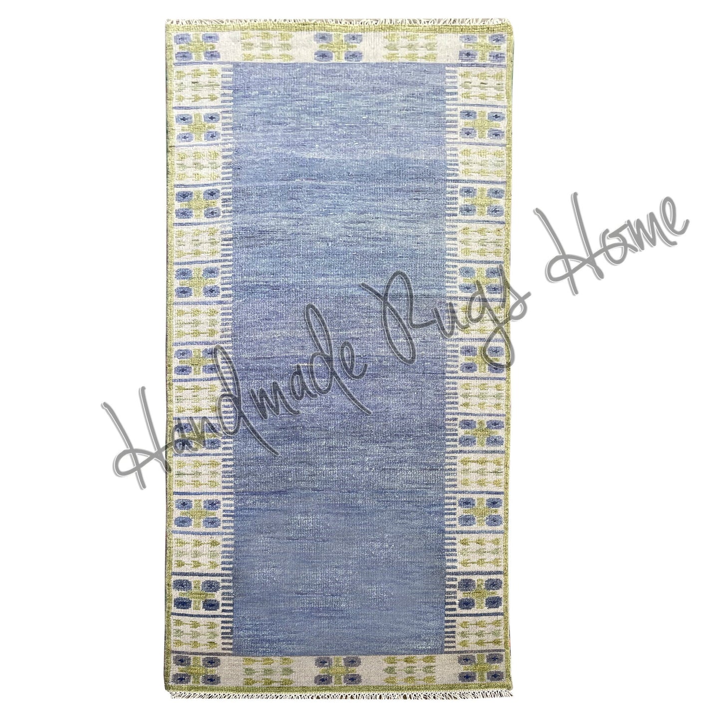 Handwoven Oushak Rug: Blue & Green Vintage Style Wool Carpet
