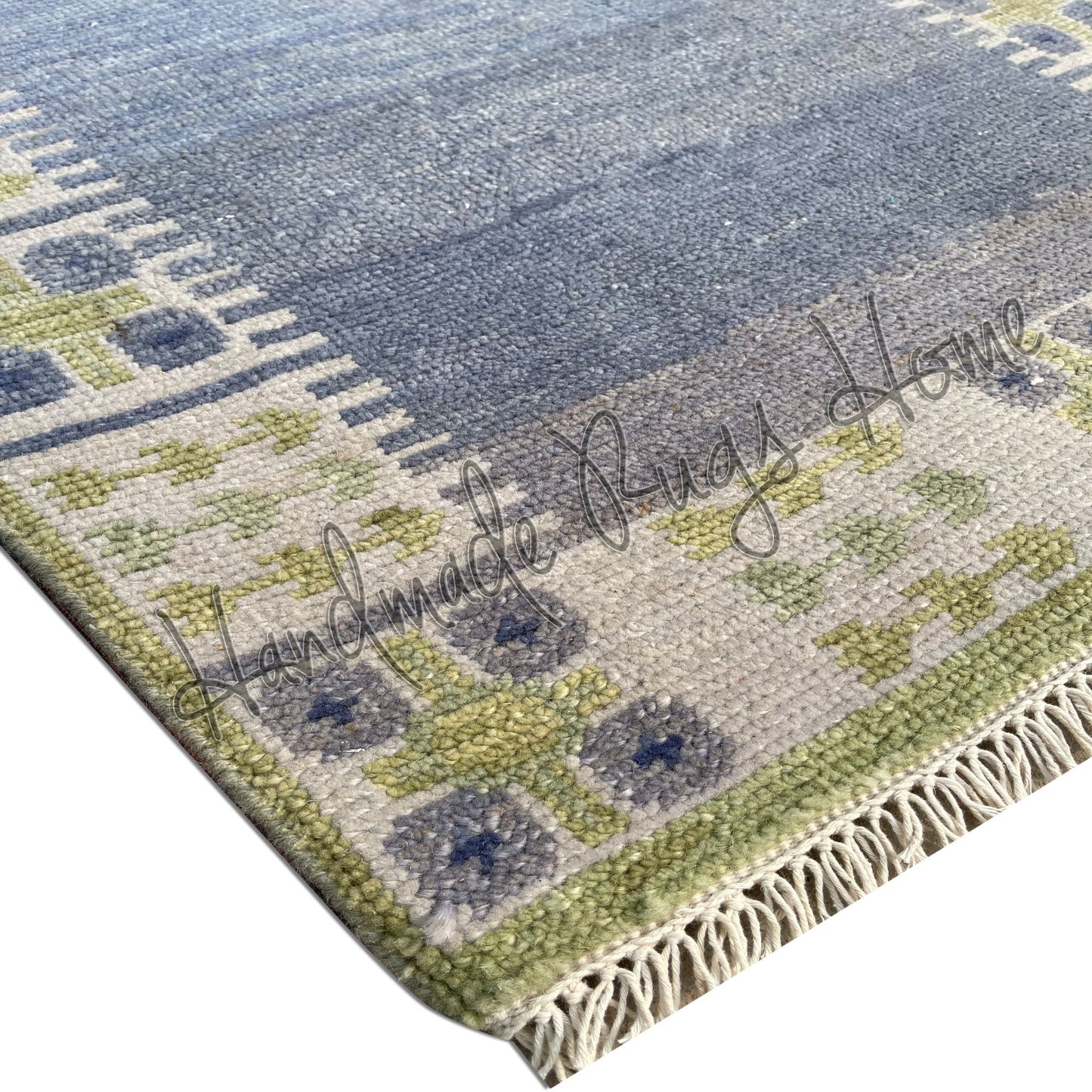 Handwoven Oushak Rug: Blue & Green Vintage Style Wool Carpet