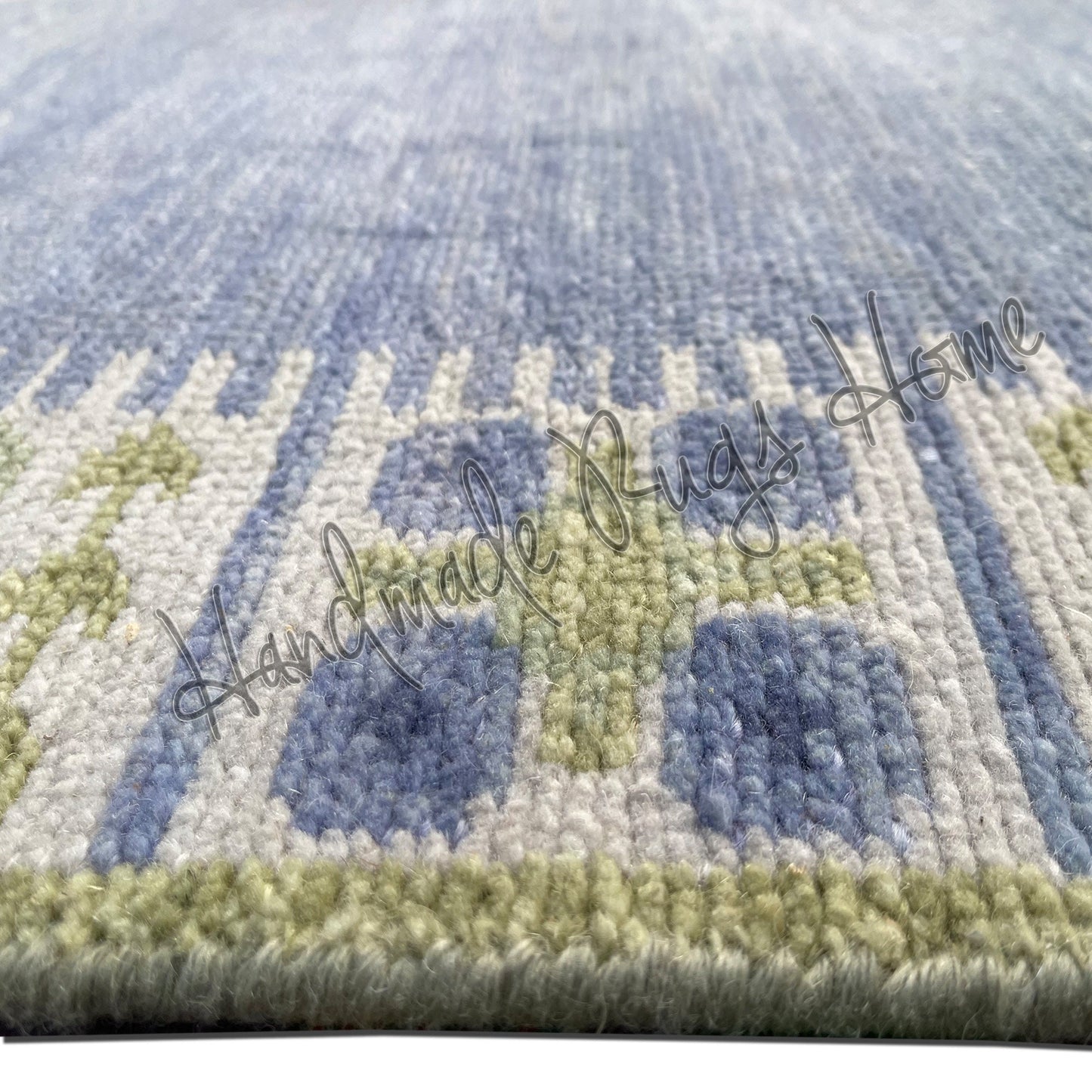 Handwoven Oushak Rug: Blue & Green Vintage Style Wool Carpet
