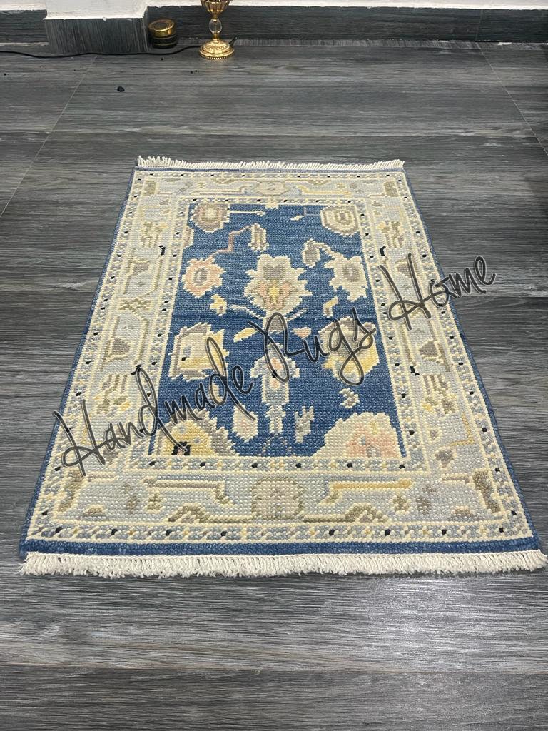 Vintage Hand Knotted Wool Rug: Blue Oriental Turkish Style