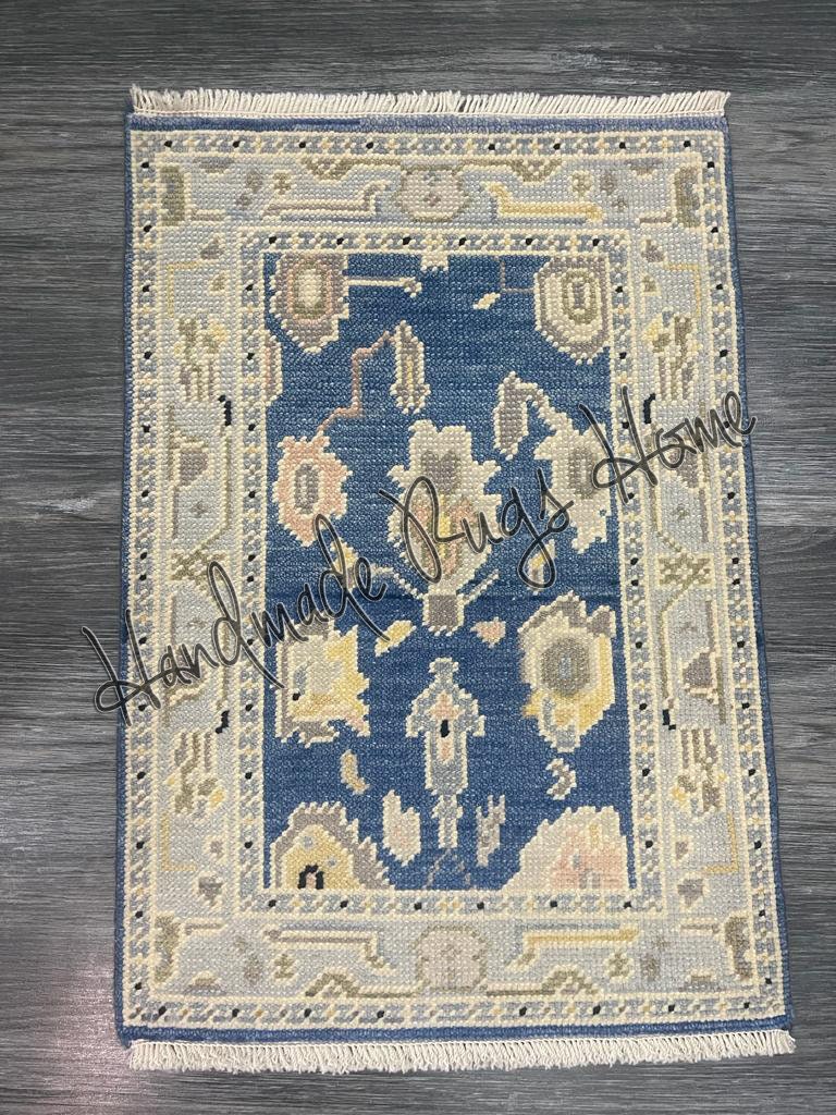 Vintage Hand Knotted Wool Rug: Blue Oriental Turkish Style