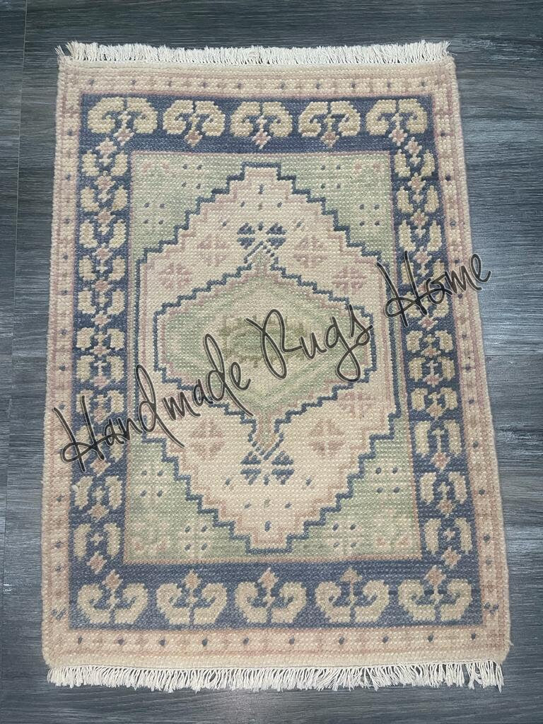 Hand-Knotted Wool Rug: Blue Green Oriental Accent Carpet