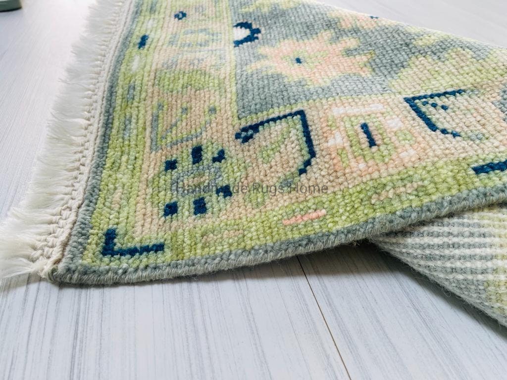 Handmade Wool Oushak Rug: Green Multi-Color Area Rug
