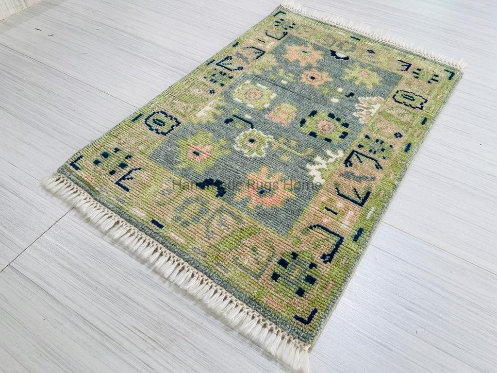 Handmade Wool Oushak Rug: Green Multi-Color Area Rug