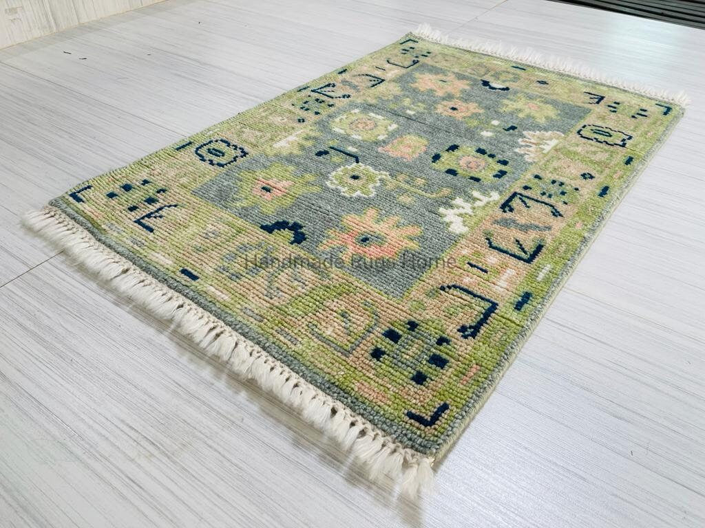 Handmade Wool Oushak Rug: Green Multi-Color Area Rug