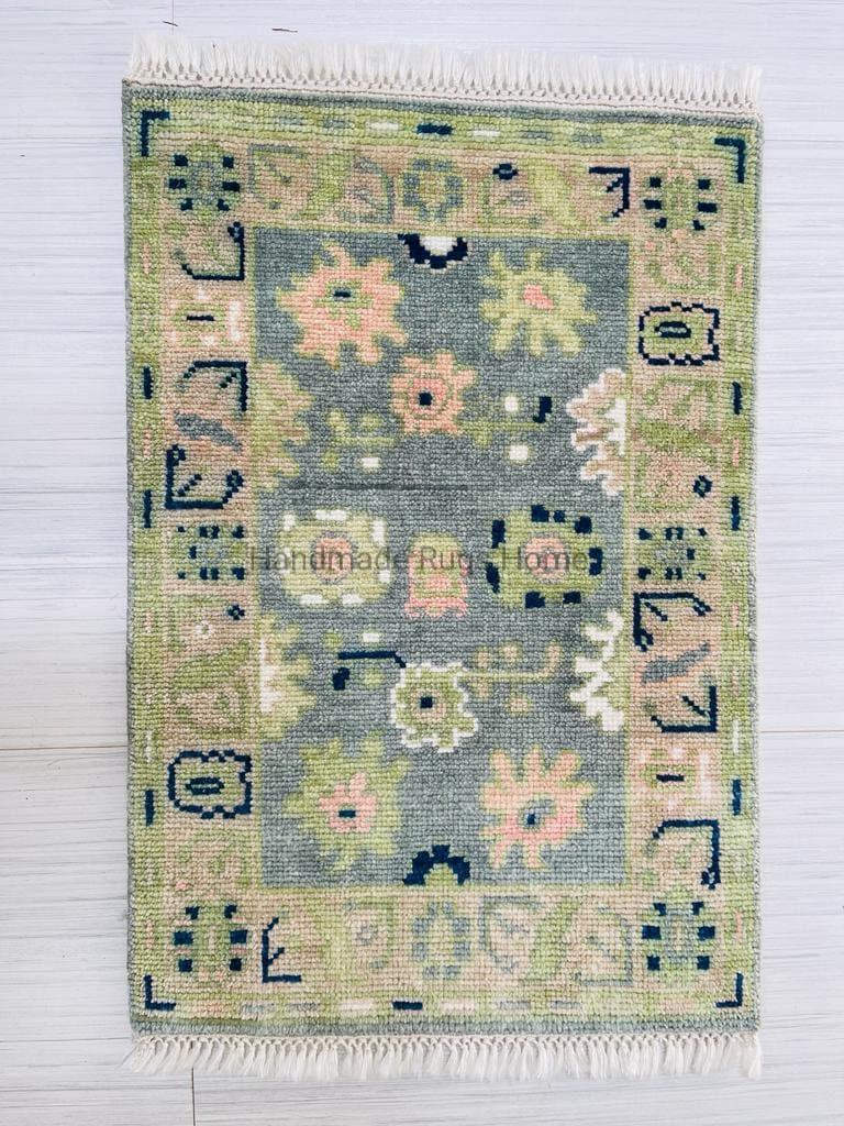 Handmade Wool Oushak Rug: Green Multi-Color Area Rug