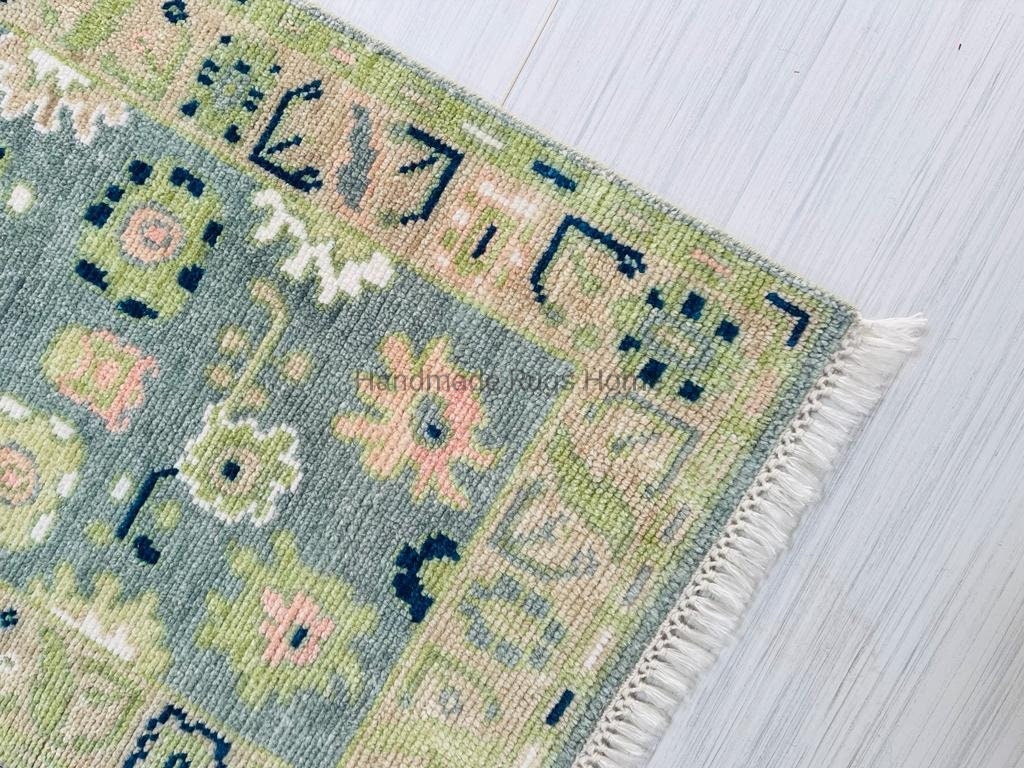Handmade Wool Oushak Rug: Green Multi-Color Area Rug
