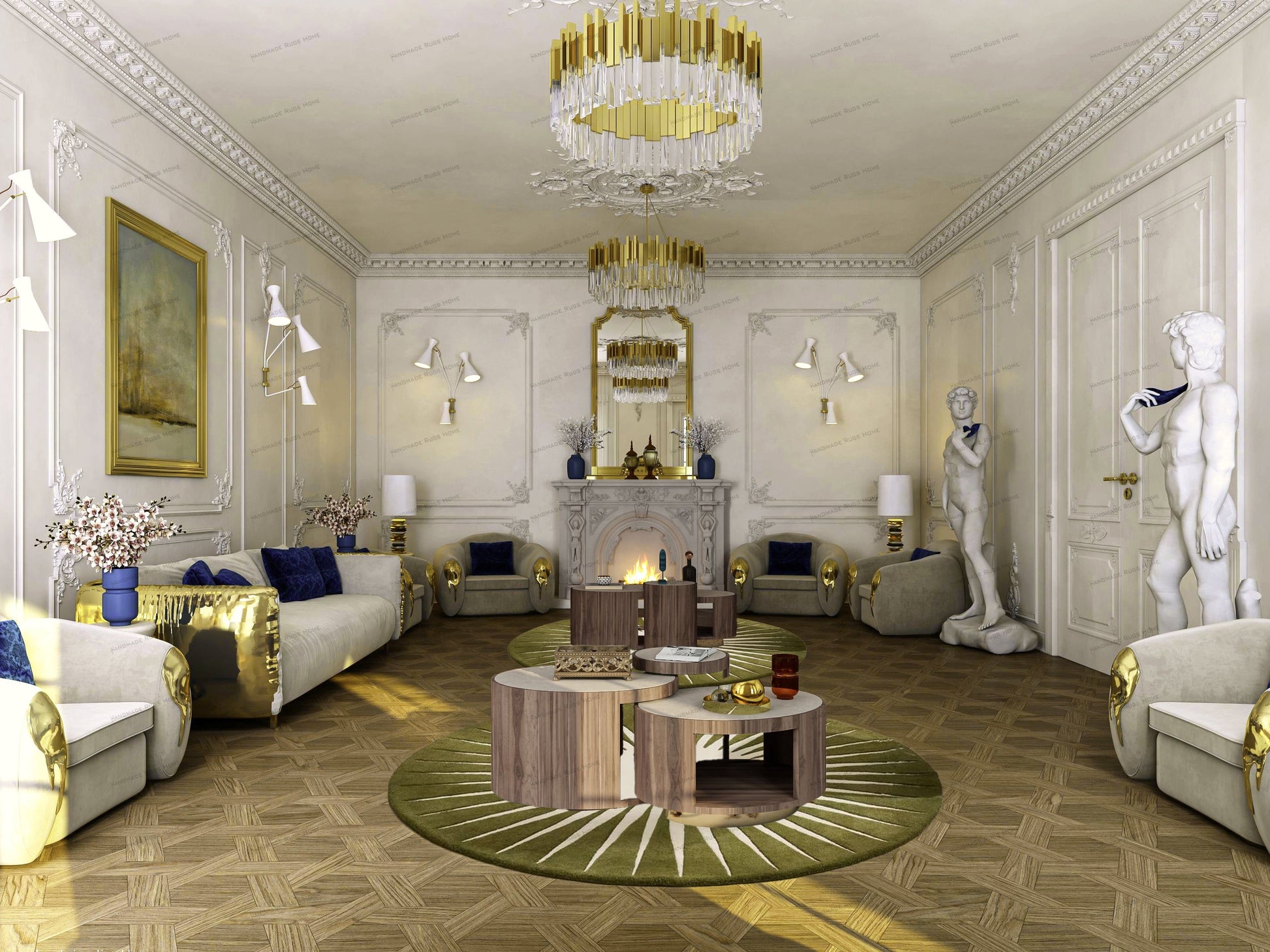 Modern abstract round rug featuring a radiant sun-inspired pattern, ideal for luxury and aesthetic home styling.