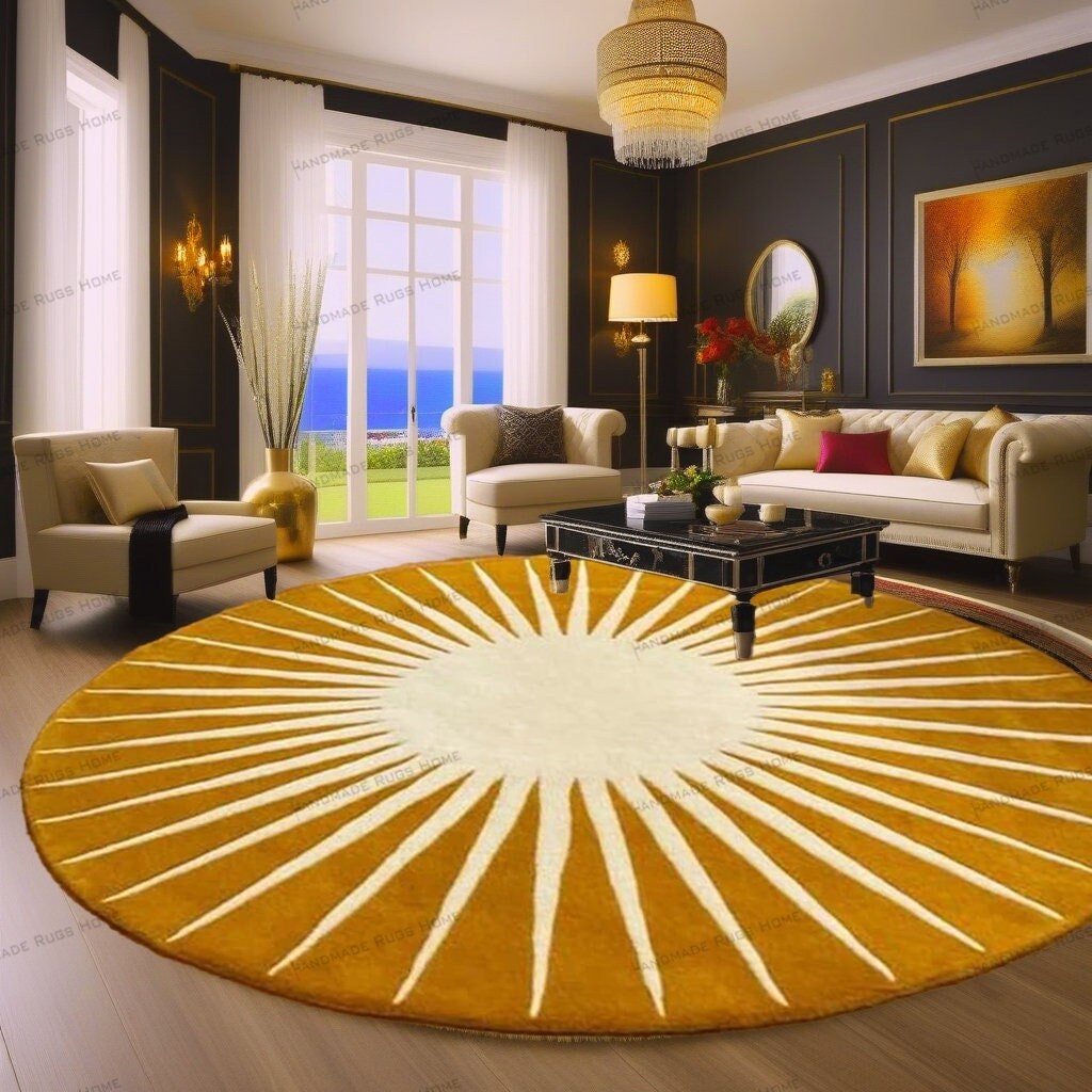 Mid-century modern style geometric floor covering in bright colors.