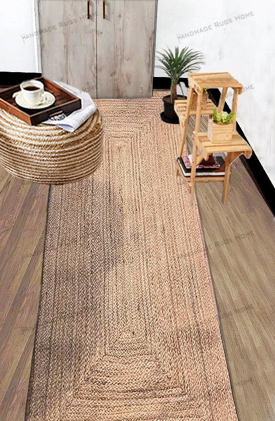 Handwoven Jute Runner Rug: Braided Boho Decor, Custom Size