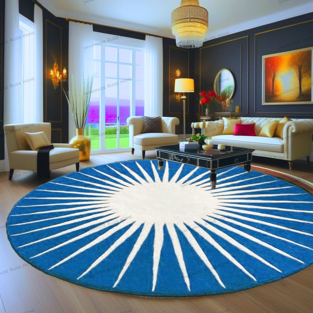 Boho-style round tufted rug with sunburst detailing, adding warmth and charm to any living space.
