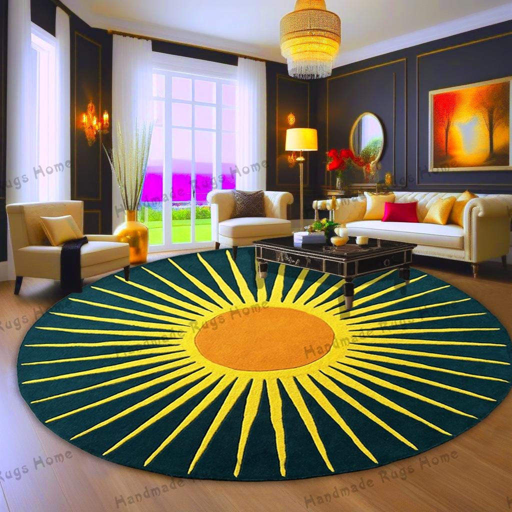 Teal Tufted Rug, Handmade Rug, Round Sun Rug, Sun, Sun Rug, Green Round Rug, Carpet, Rug