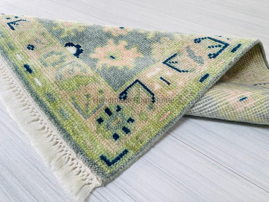 Handmade Wool Oushak Rug: Green Multi-Color Area Rug