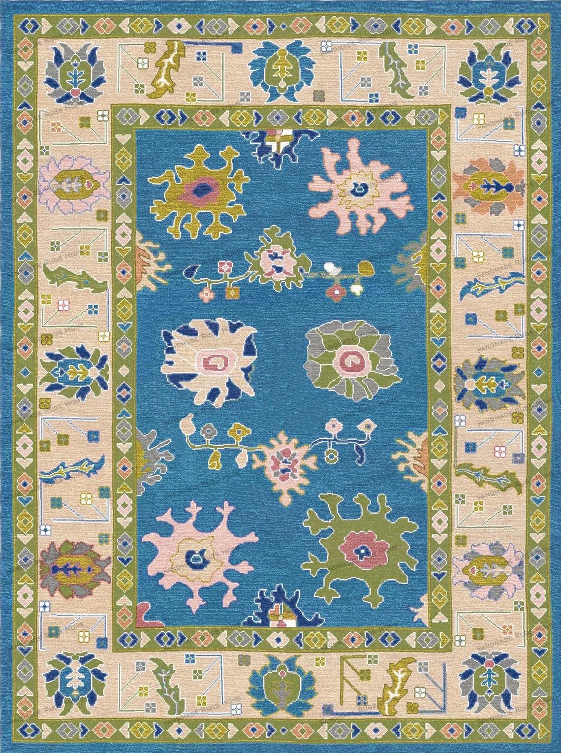 Full view of a colorful handmade carpet with a central blue field and wide contrasting borders.