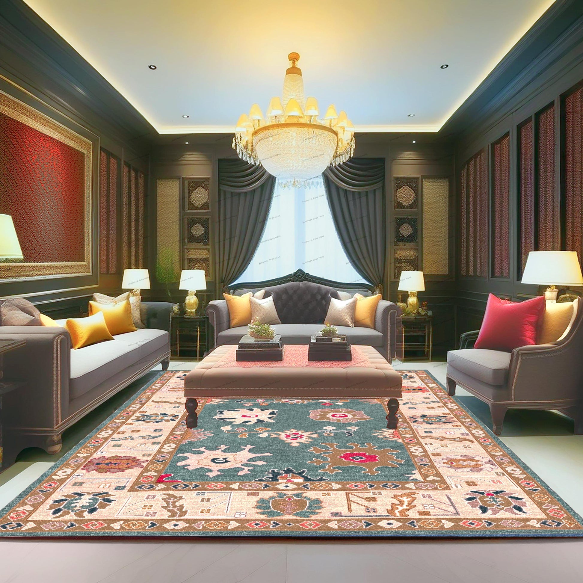 Large colorful Turkish-style wool rug with an eye-catching, modern floral arrangement.