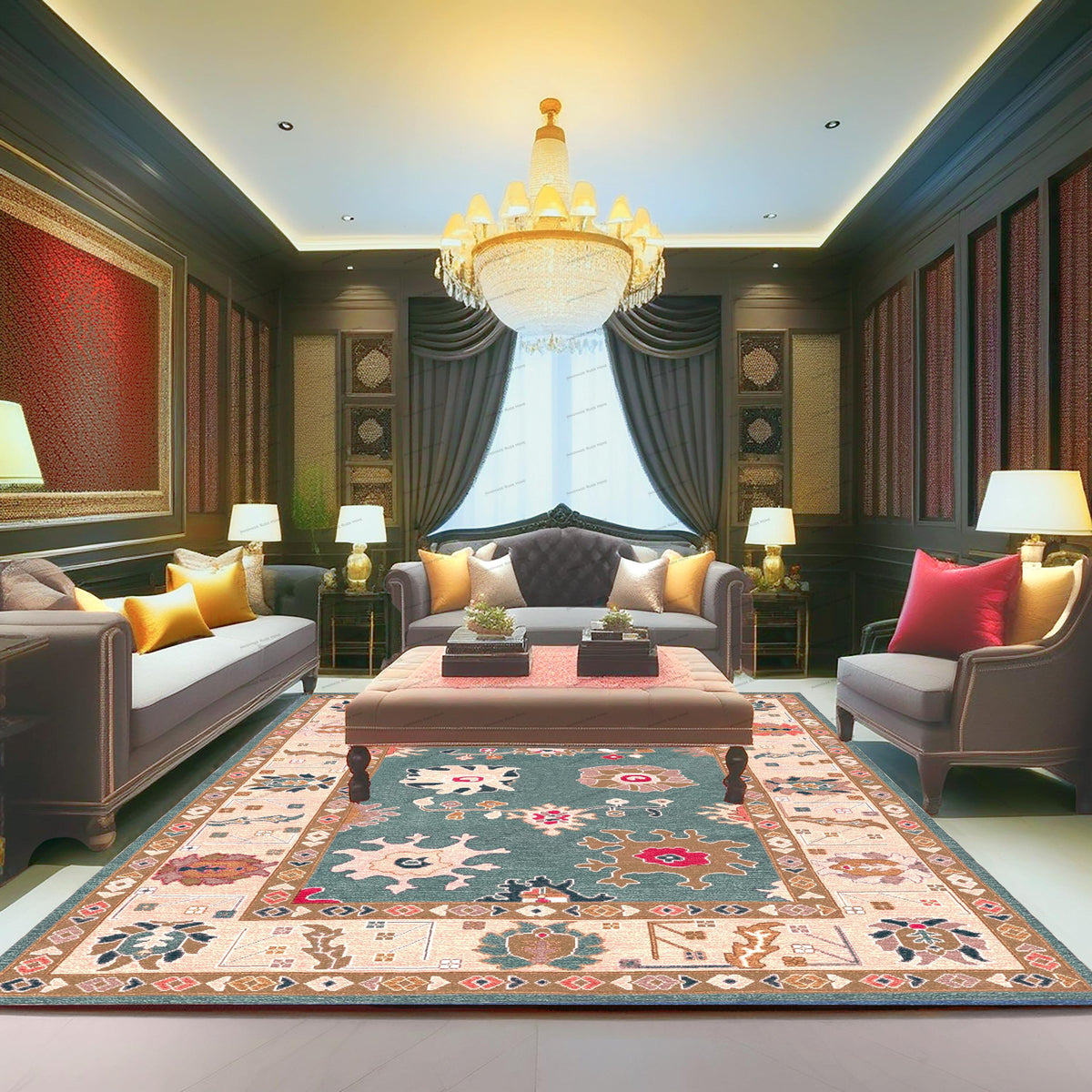 Large colorful Turkish-style wool rug with an eye-catching, modern floral arrangement.