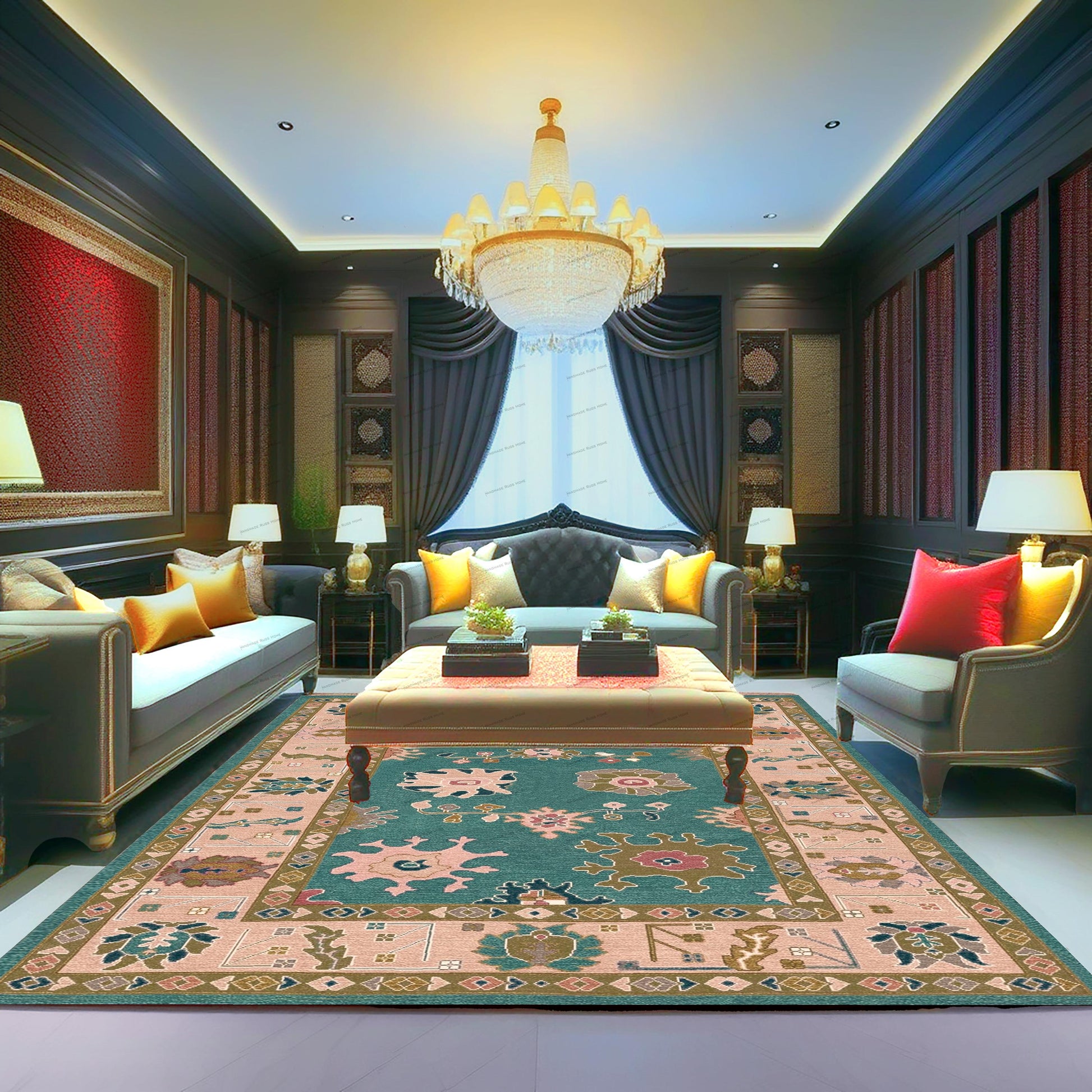 Artistic area rug suitable for bohemian, eclectic, or maximalist home decor.