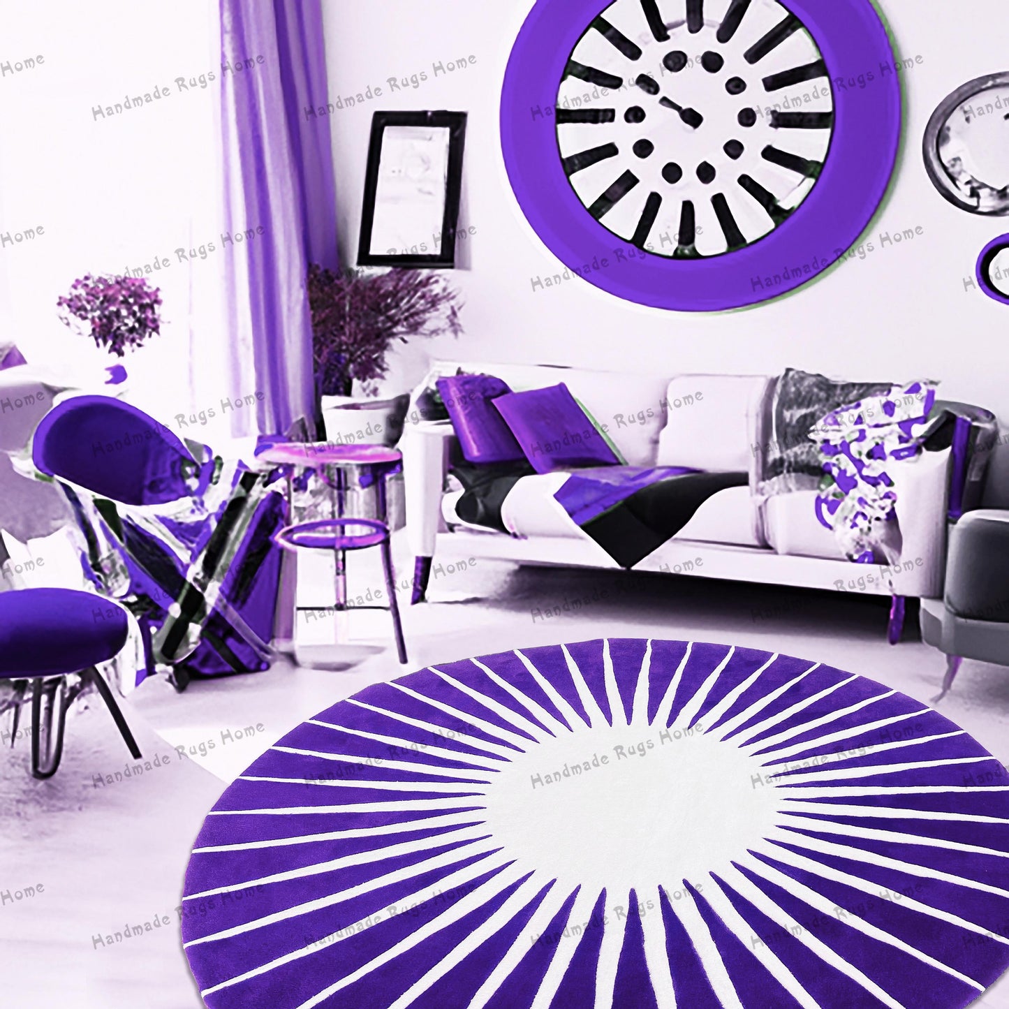 Luxury wool rug with purple and white contrast
