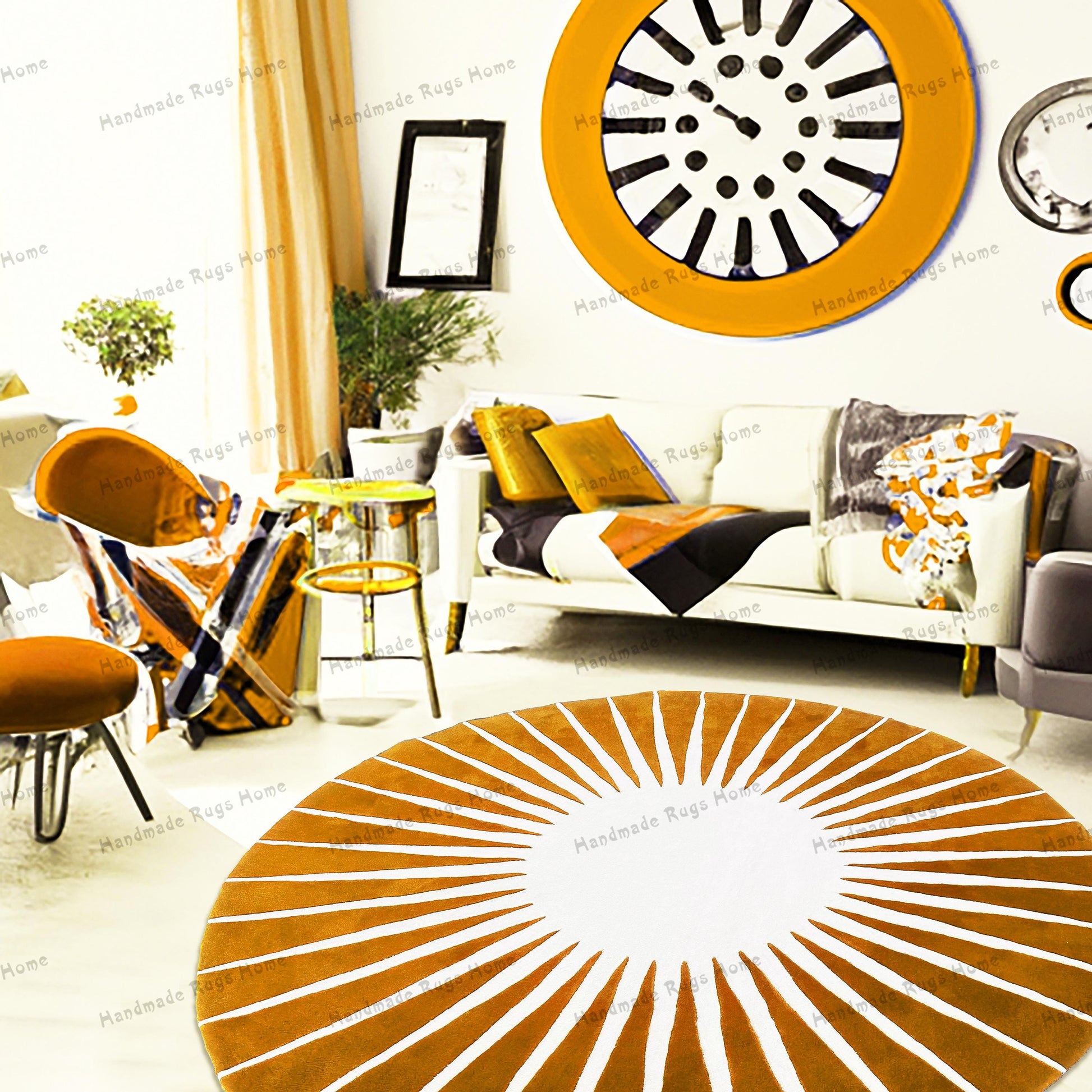 Handmade tufted round rug featuring texture & beautiful blend of earthy tones. Ideal for adding warmth & style to any space, this unique rug showcases expert craftsmanship & intricate design, making it a perfect decorative accent for your home.