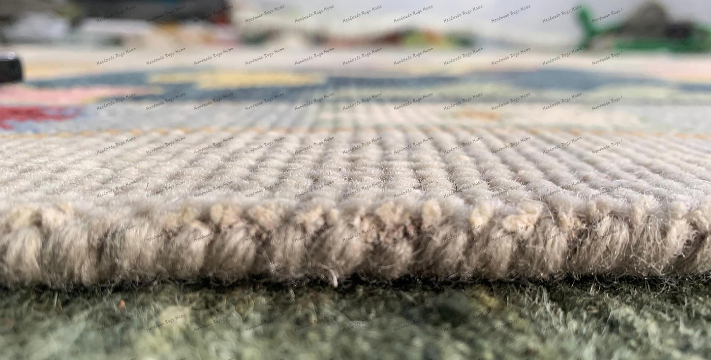 Natural sunlight streams through a nearby window, enhancing the rug's vibrant hues and depth.