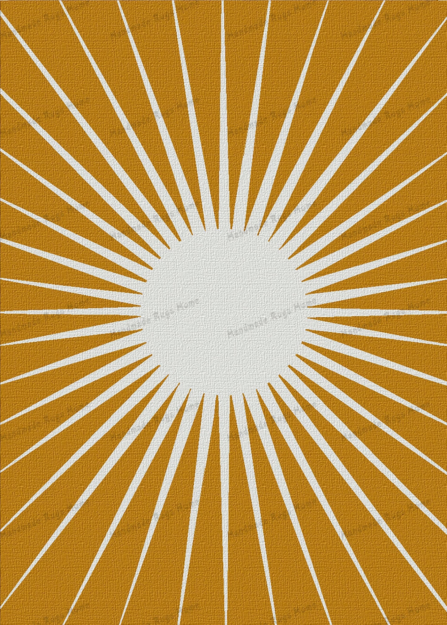 Bohemian-style round rug with a radiant gold and white starburst pattern.