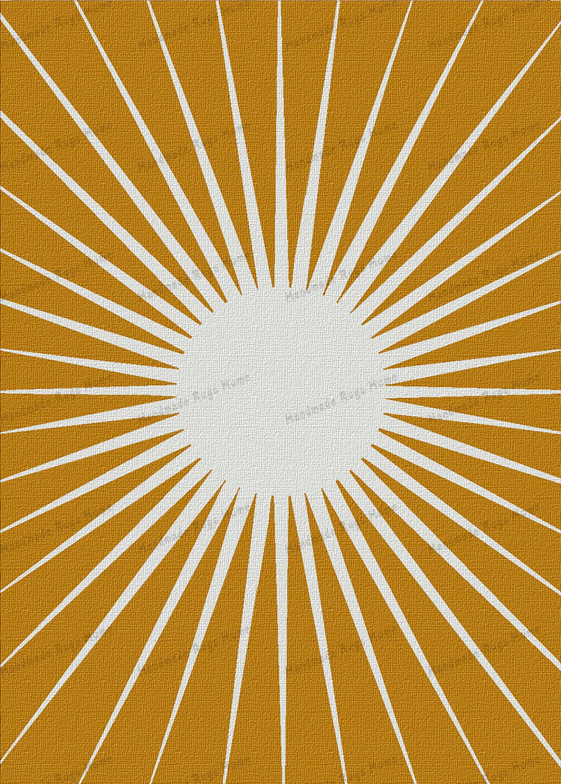 Bohemian-style round rug with a radiant gold and white starburst pattern.
