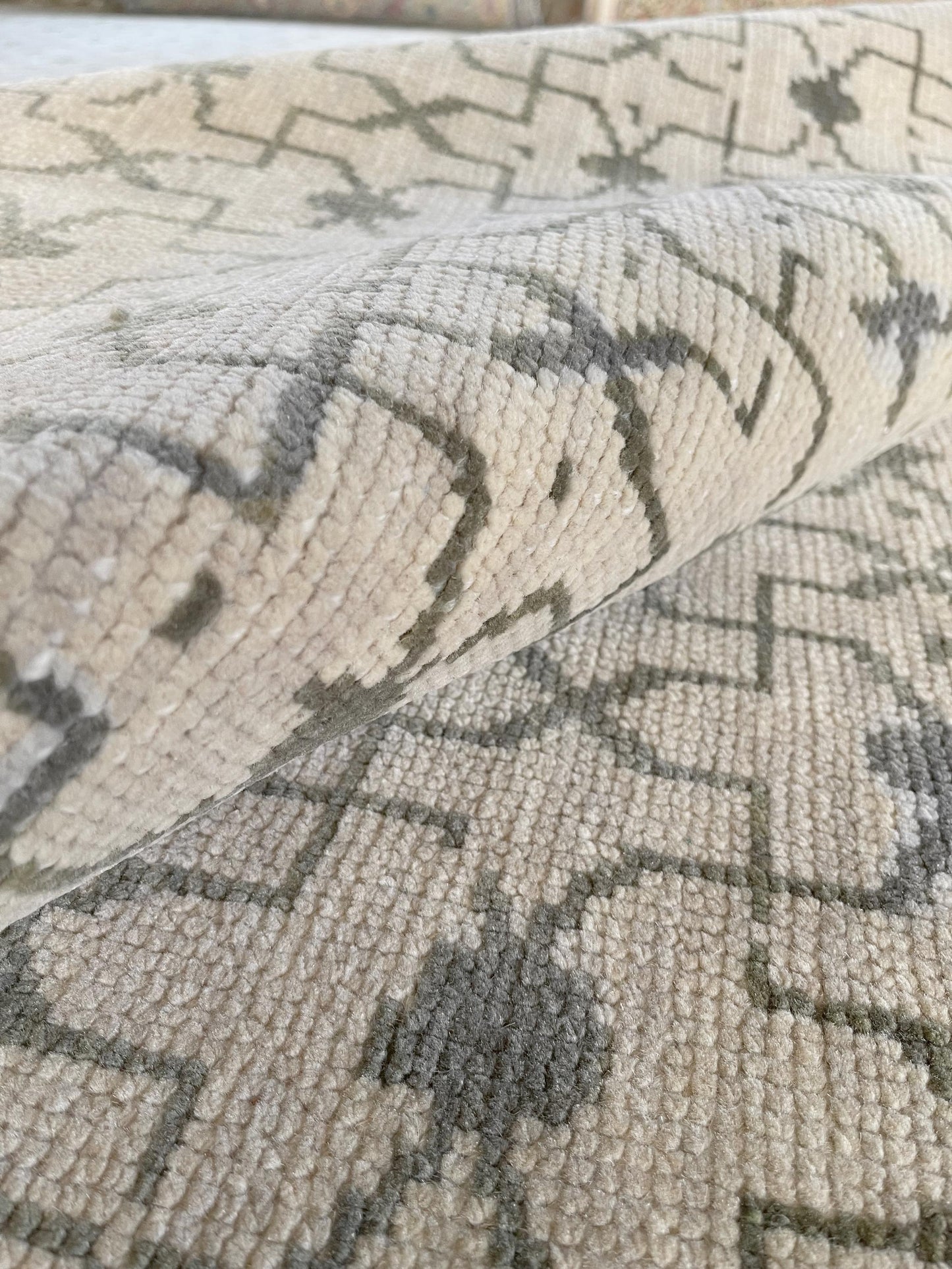 Artisan-crafted Oushak rug with delicate floral and geometric motifs.