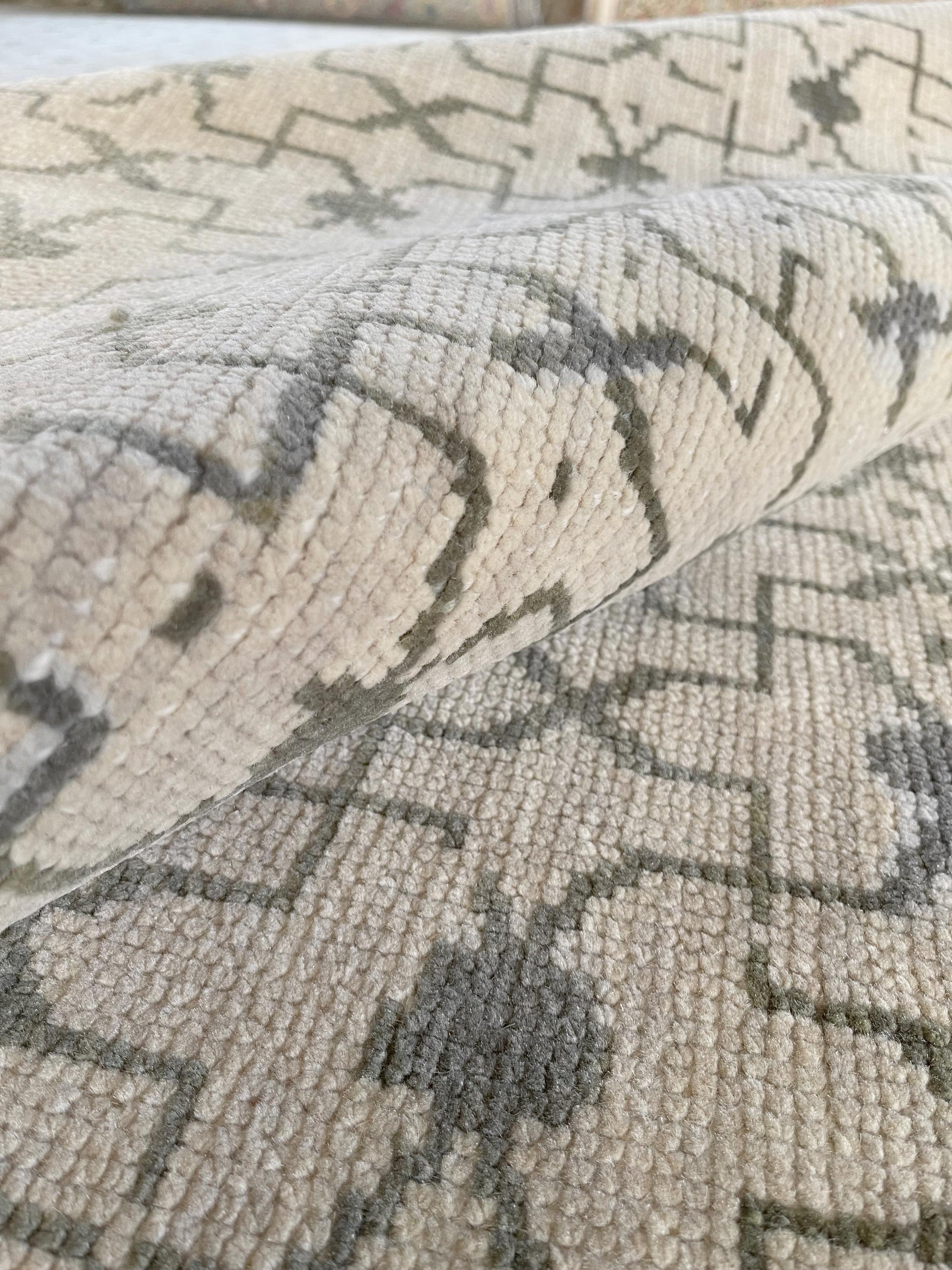 Artisan-crafted Oushak rug with delicate floral and geometric motifs.