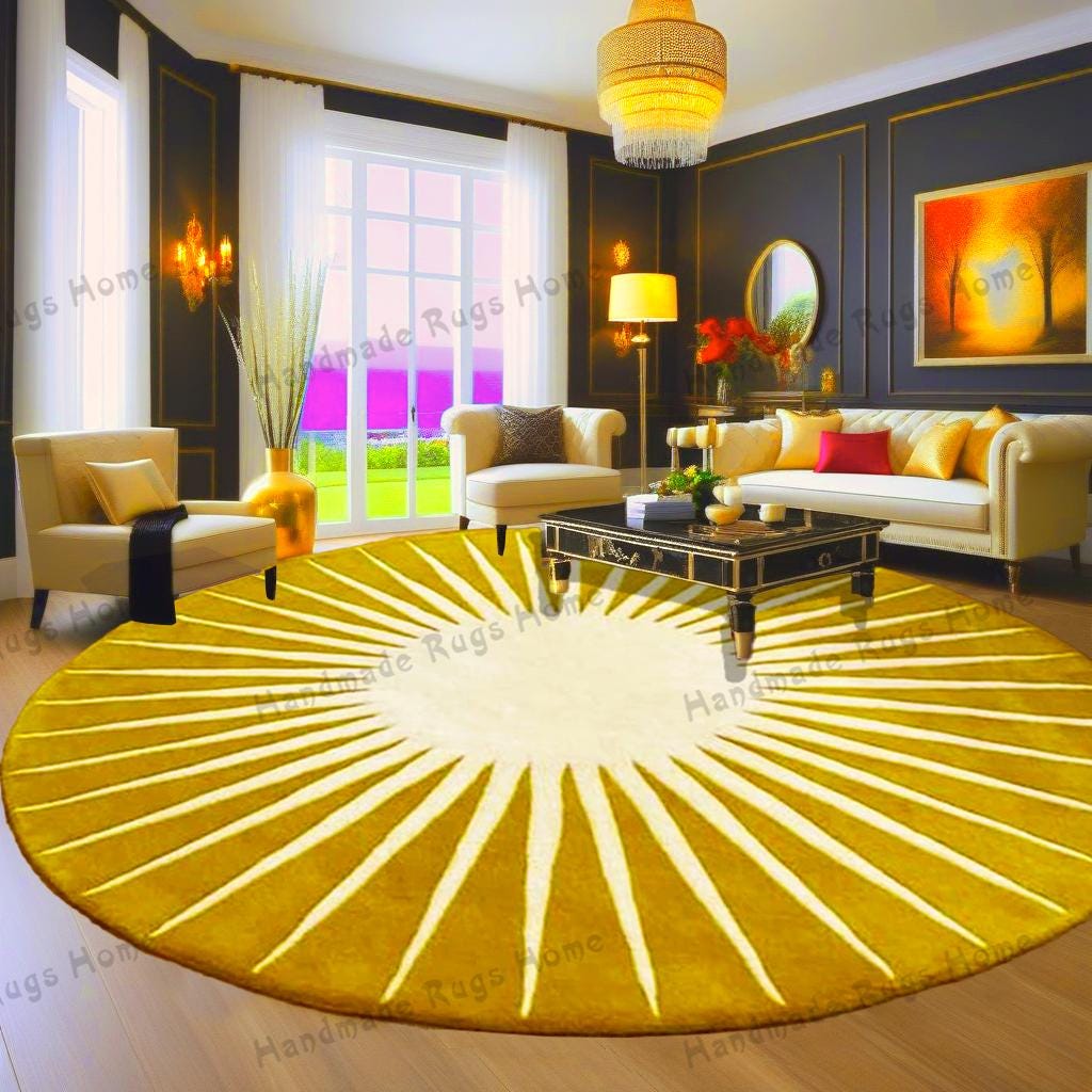 Round hand-tufted sunburst rug with modern Colorful perfect for contemporary and boho decor.