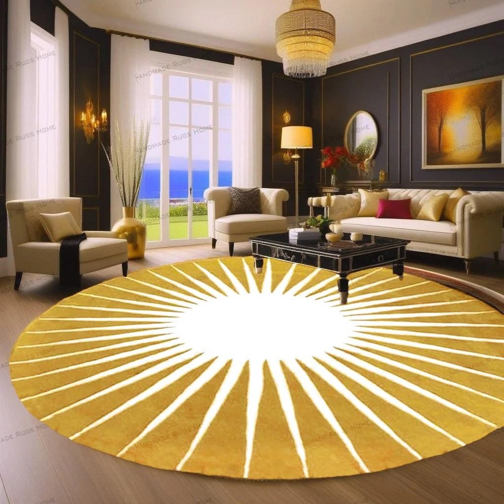 Hand tufted wool area rug, sunburst geometric pattern.