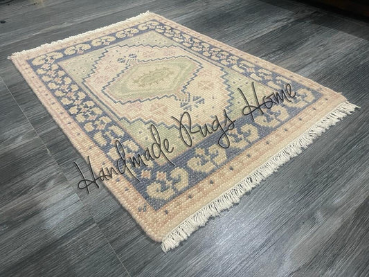 Hand-Knotted Wool Rug: Blue Green Oriental Accent Carpet