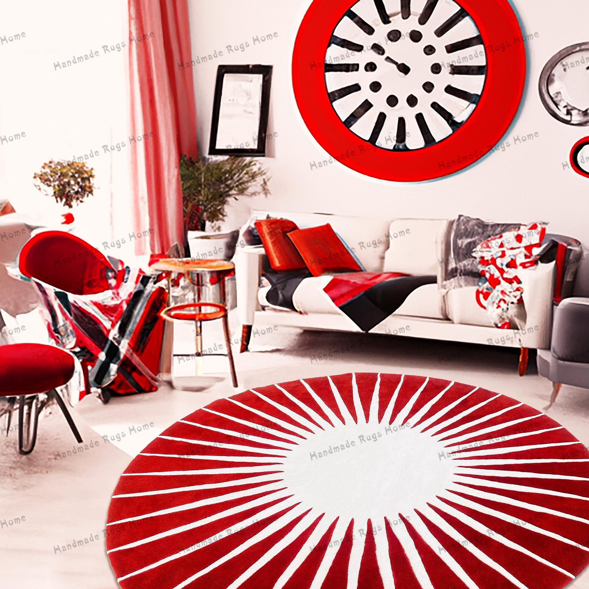 Handmade tufted round rug featuring texture & beautiful blend of earthy tones. Ideal for adding warmth & style to any space, this unique rug showcases expert craftsmanship & intricate design, making it a perfect decorative accent for your home.