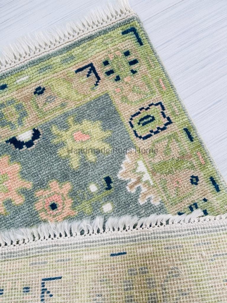 Handmade Wool Oushak Rug: Green Multi-Color Area Rug