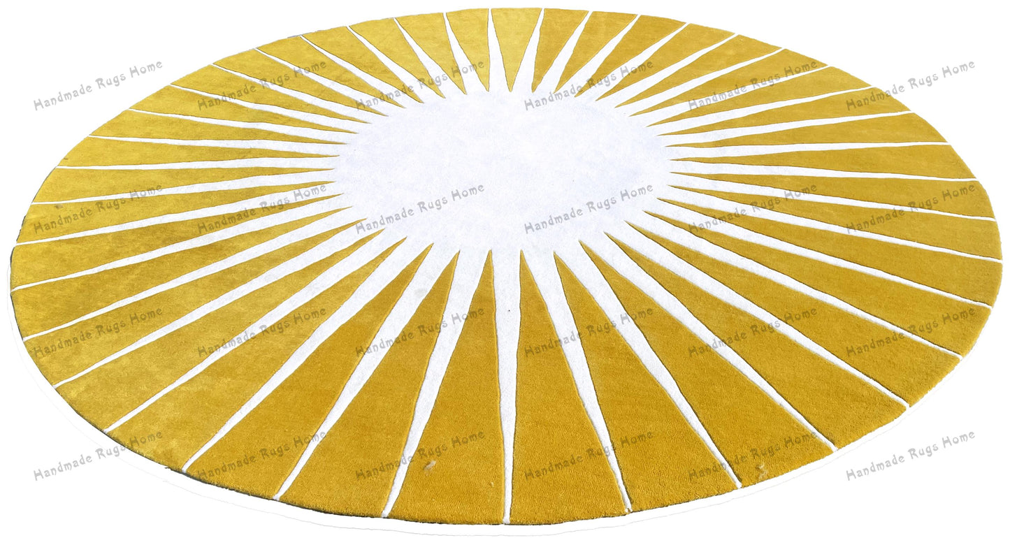 Luxury wool sunburst rug with a radiant design, perfect for boho interiors.