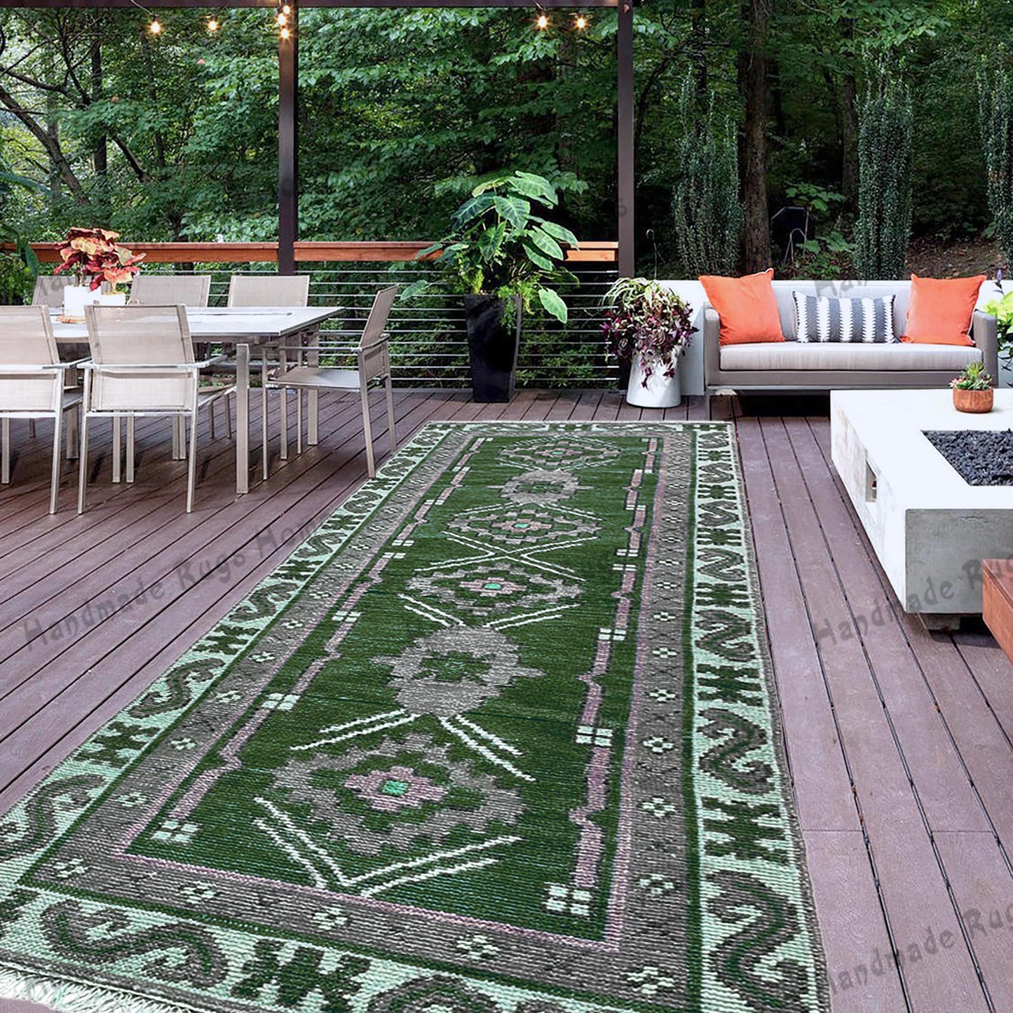 Handmade Green Oushak Runner Rug – Long Turkish Wool Carpet with Geometric Tribal Patterns.