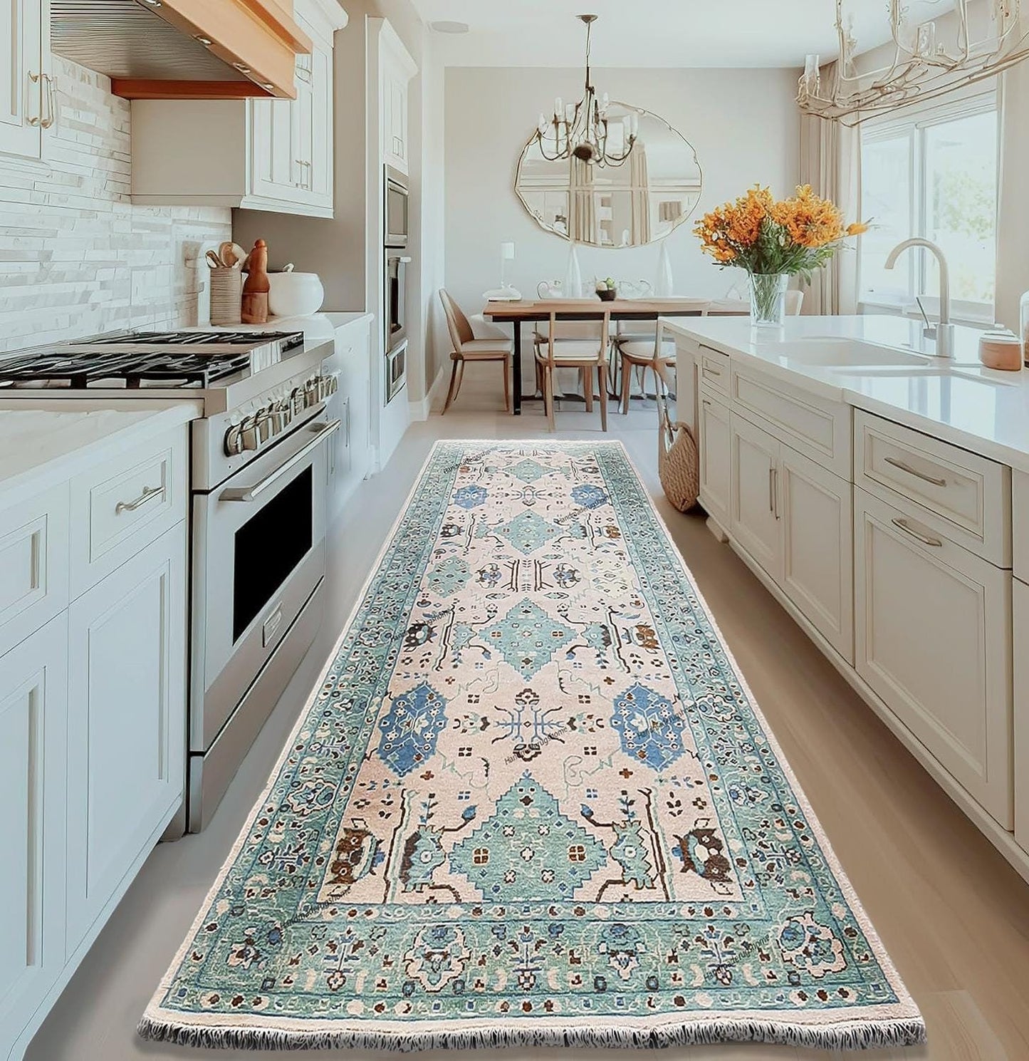 Hand-Knotted Oushak Wool Runner colourful Carpet