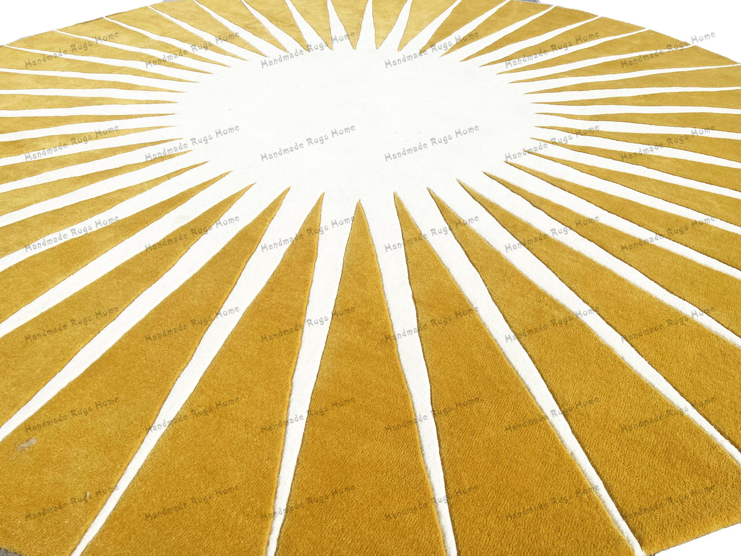 Soft and plush round rug with a sunburst design, ideal for cozy spaces.