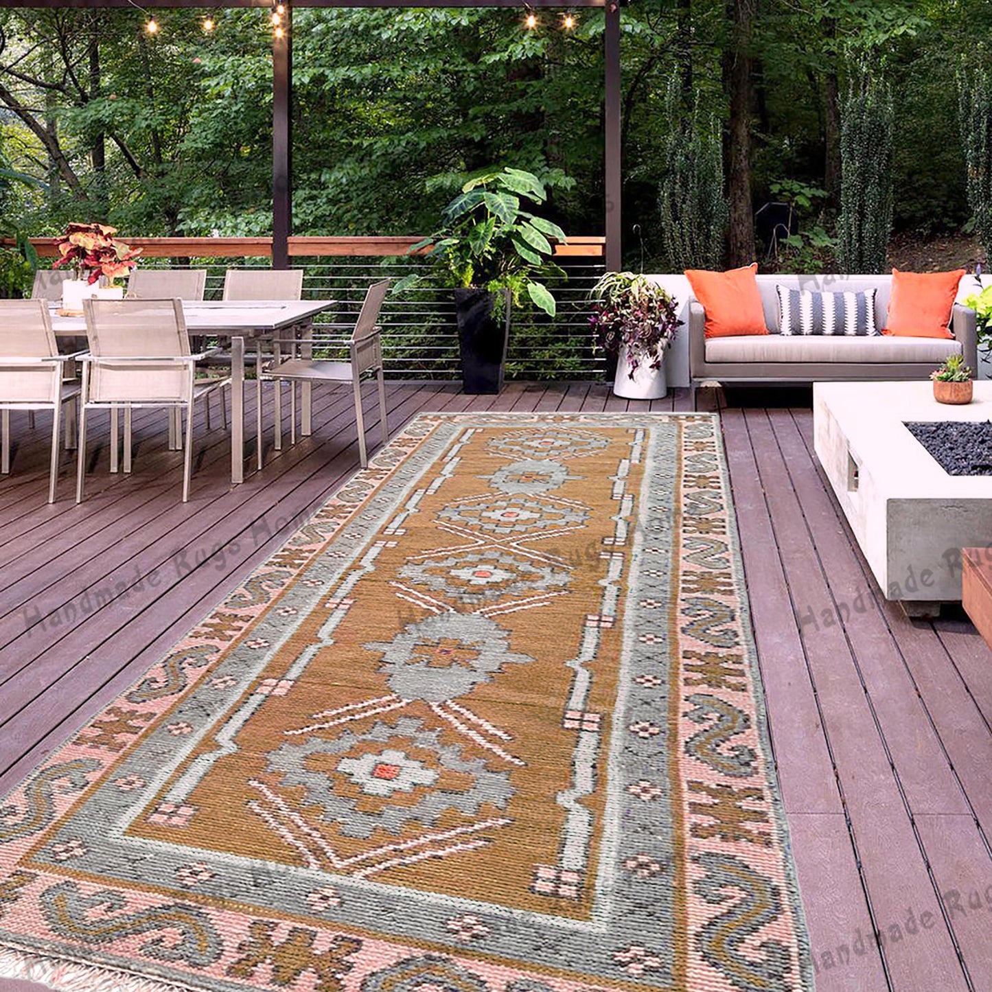 Traditional Turkish Oushak Runner – Handmade Vintage Rug with Unique Tribal Motifs.