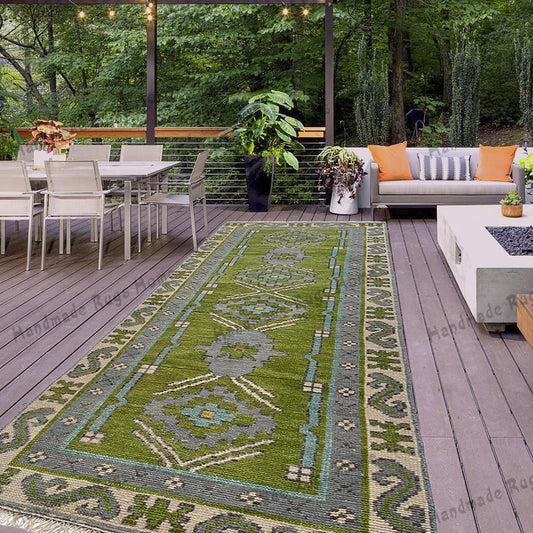 Oversized Green Oushak Rug – Handcrafted Wool Runner for Farmhouse & Boho Home Interiors.