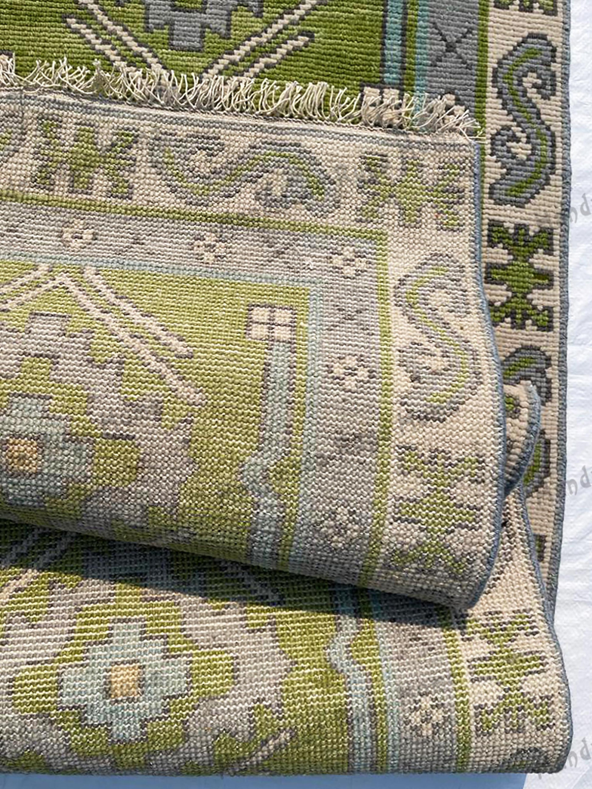 Luxury Outdoor Oushak Runner – Deep Green Handmade Turkish Wool Rug for Patios & Decks.