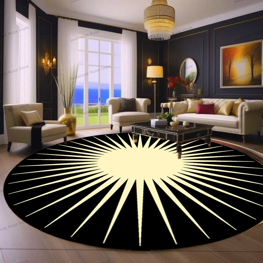 Black sunrise-inspired area rug for living rooms, bedrooms, and nurseries.