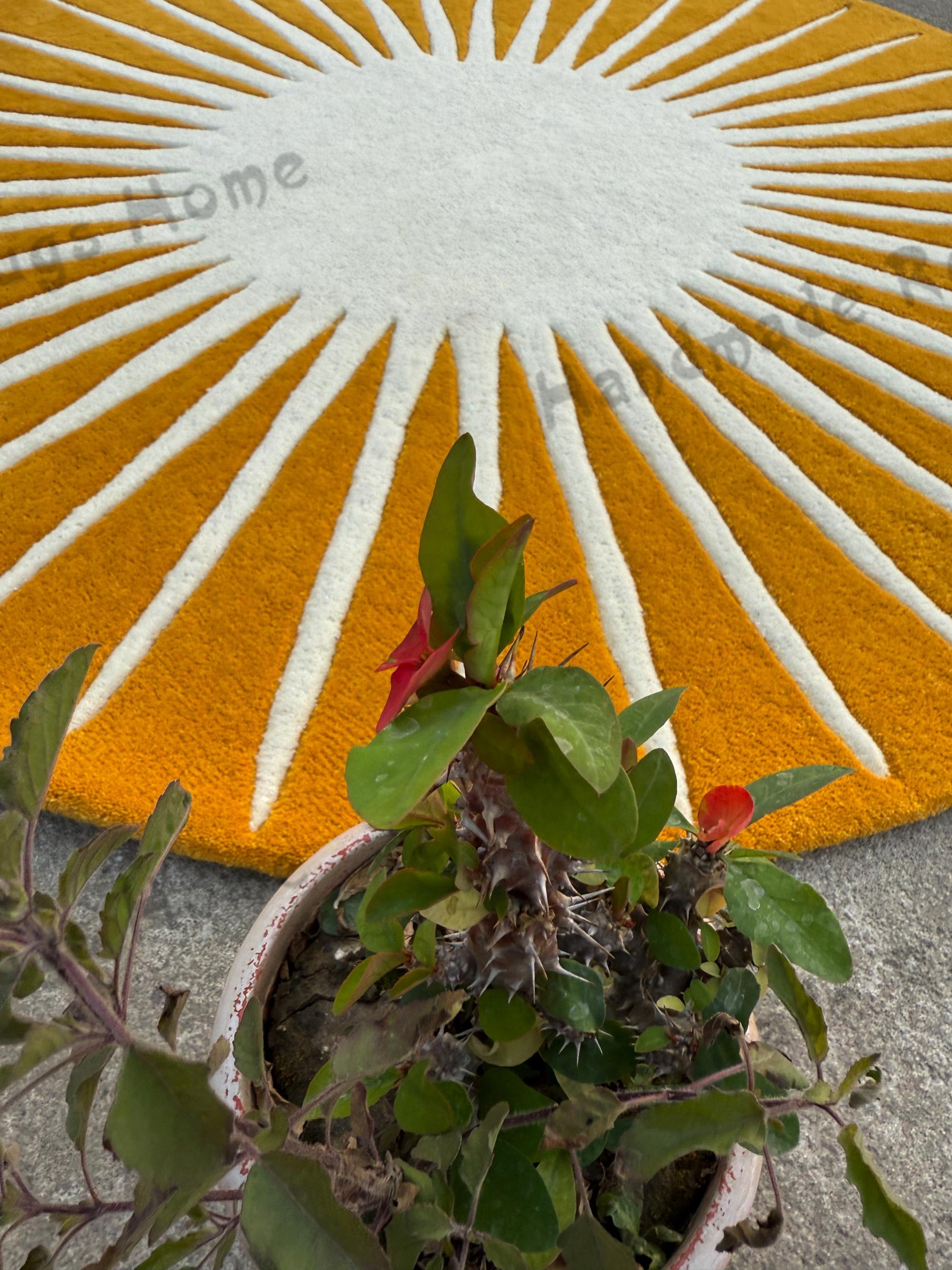 Round hand-tufted rug with a pink and cream sunburst design placed on a wooden floor near red upholstered furniture.