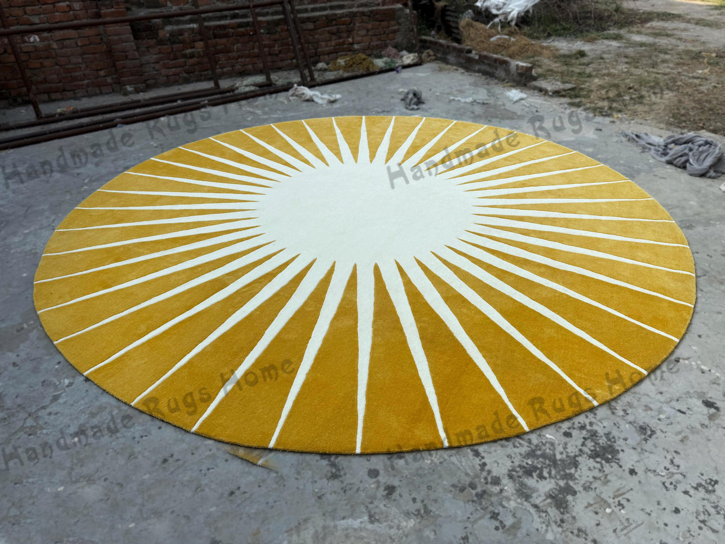 Aesthetic round rug with a radial sunburst design, enhancing the cozy interior with warm pastel tones.