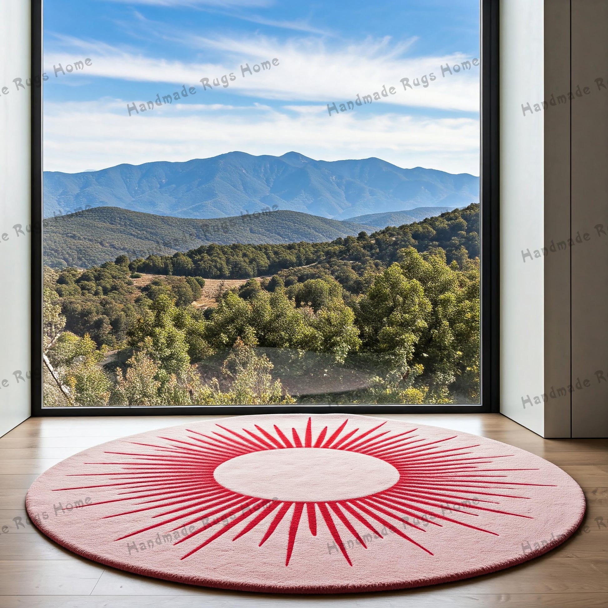 Stylish round rug with a radiant sun pattern, crafted in soft hand-tufted texture.