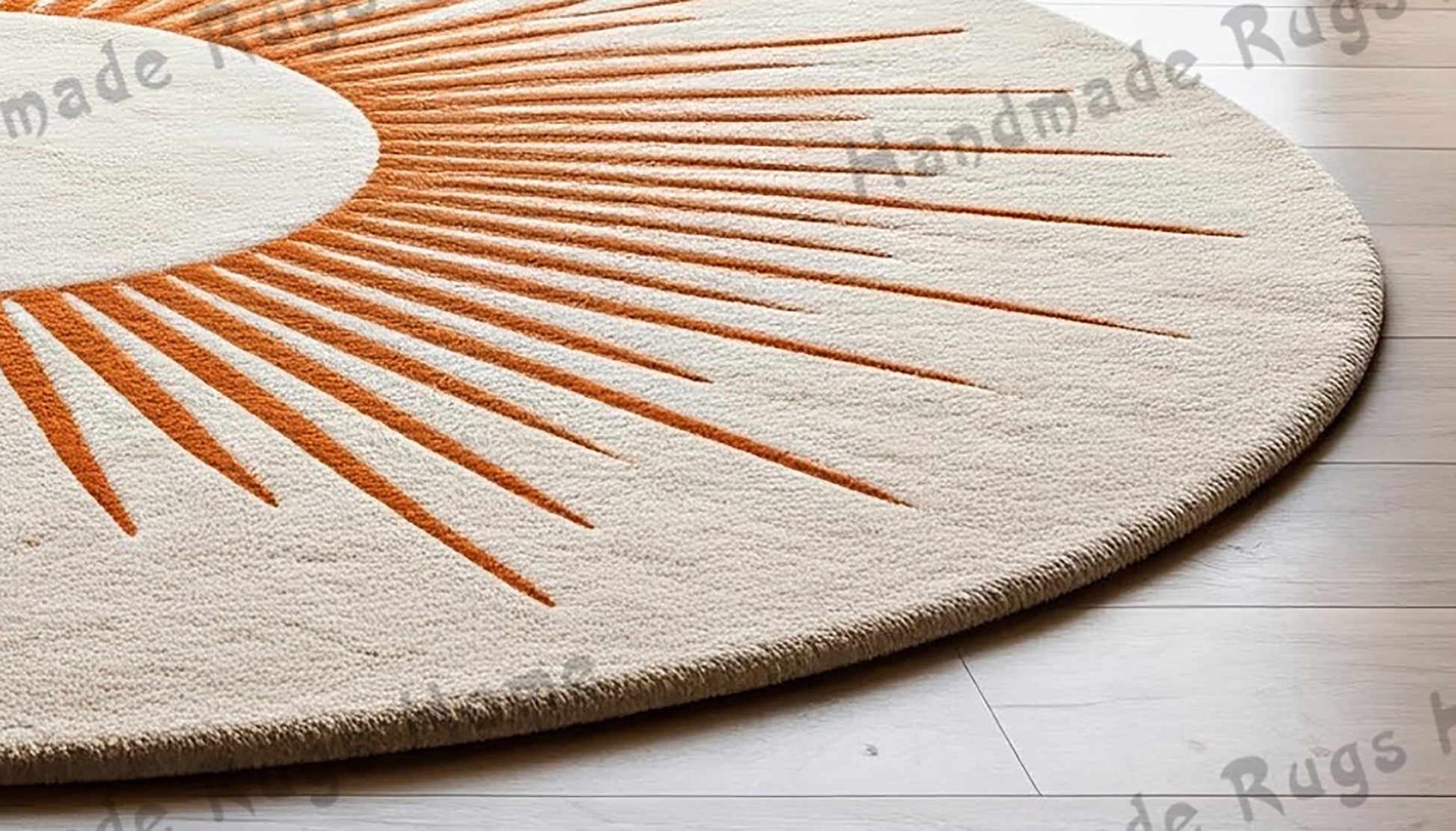 Beautiful round hand-tufted rug featuring a sun design in elegant gold and white.