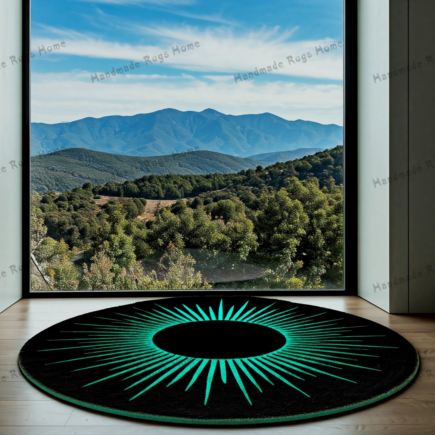 Soft and durable round rug featuring a sun design, ideal for enhancing your decor.