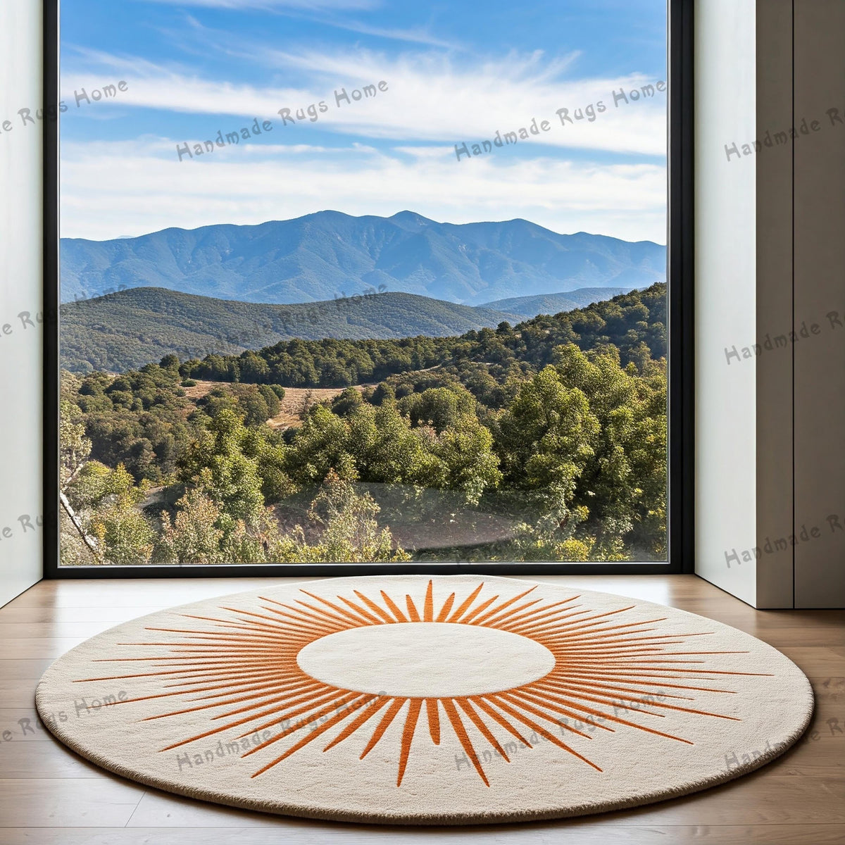 Round tufted rug in a rich mustard color, designed to resemble the sun with radiating textured patterns. The soft, plush surface adds warmth and a bold focal point to any room.