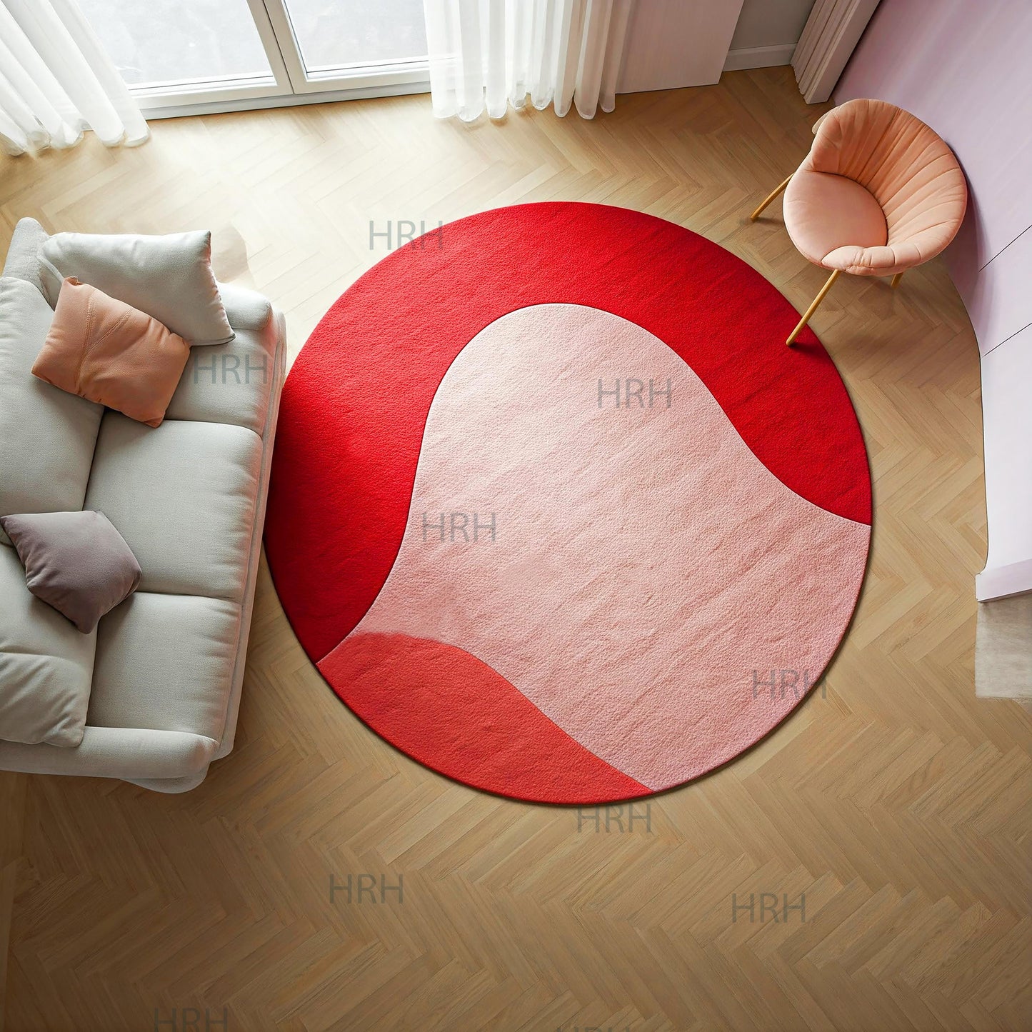“Round modern tufted rug featuring a sleek, minimalist design with soft, neutral tones and subtle texture. The rug has a plush, cozy surface, adding a contemporary touch and warmth to any room.”