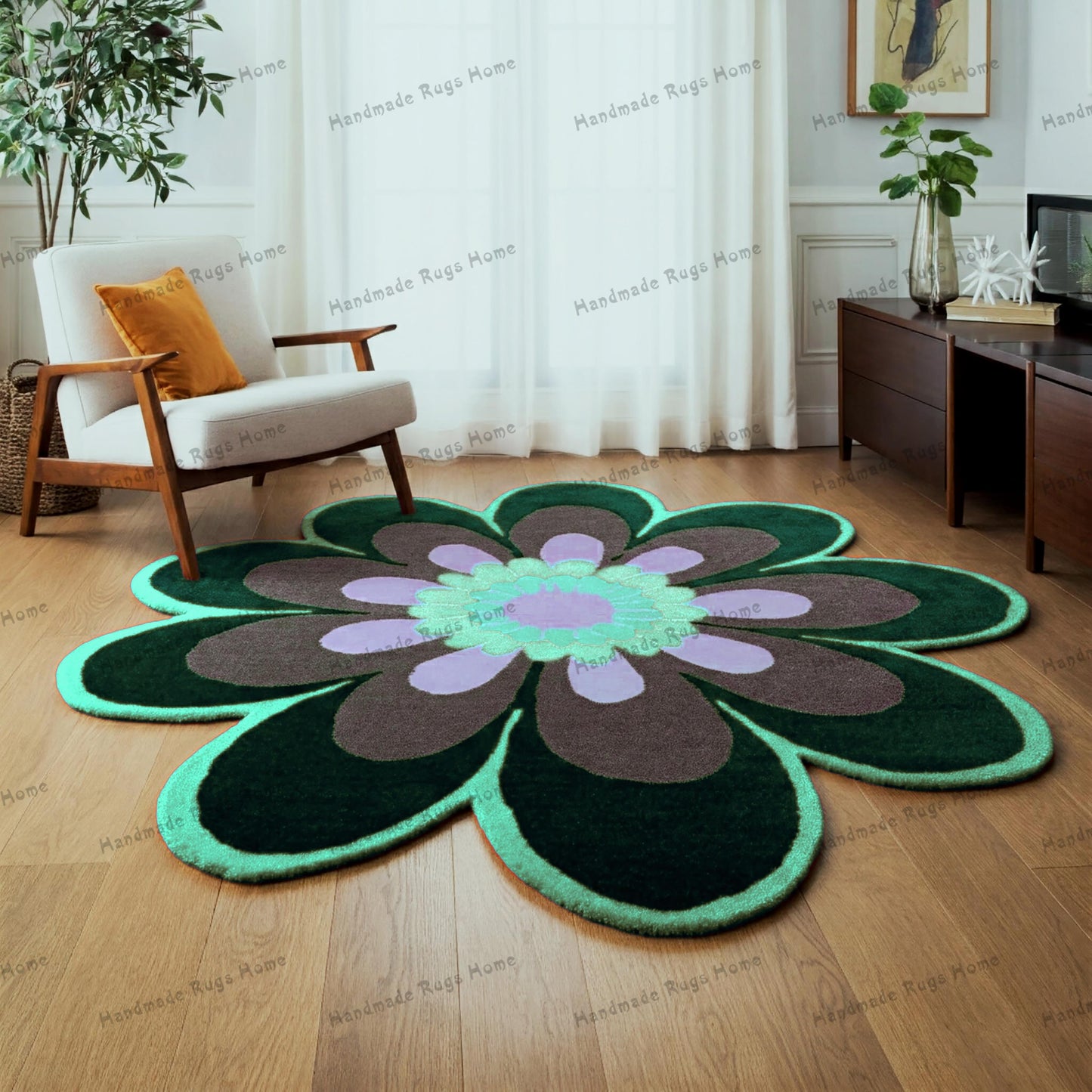 Hand-Tufted Wool Rug: Modern Multicolour Flower Design