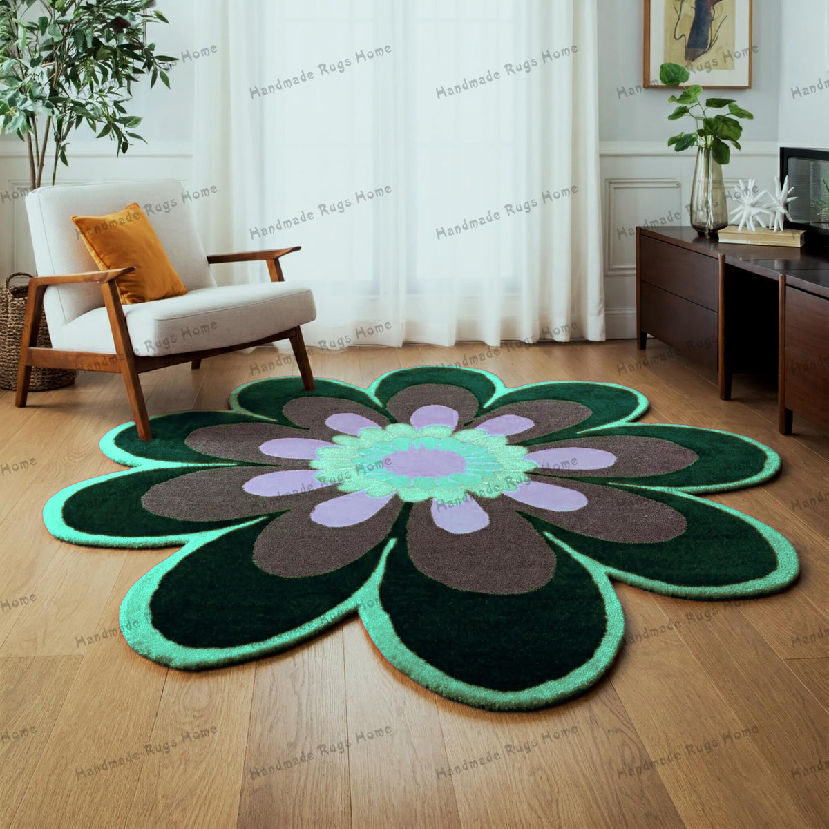 Hand-Tufted Wool Rug: Modern Multicolour Flower Design